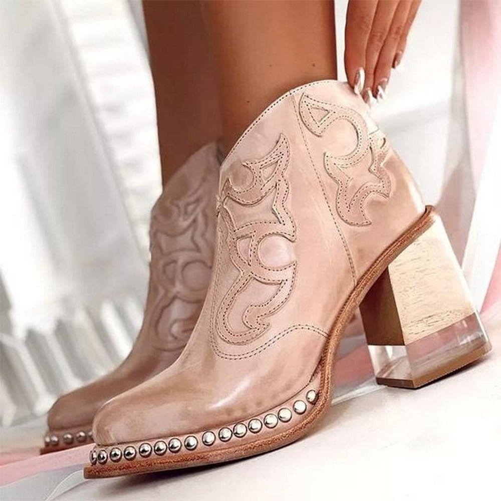 Women's Western Ankle Boot – Embroidered Studded Block Heel