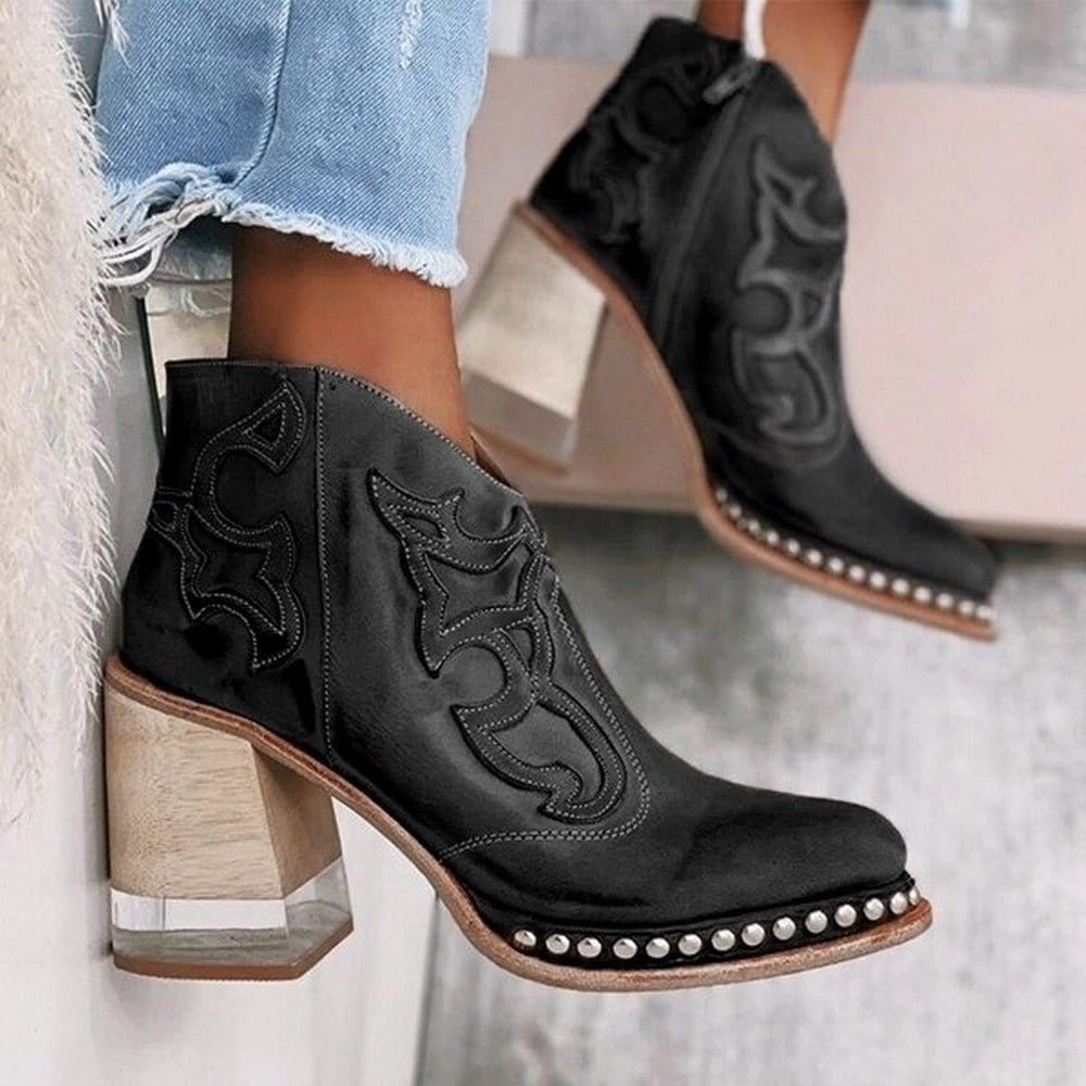 Women's Western Ankle Boot – Embroidered Studded Block Heel
