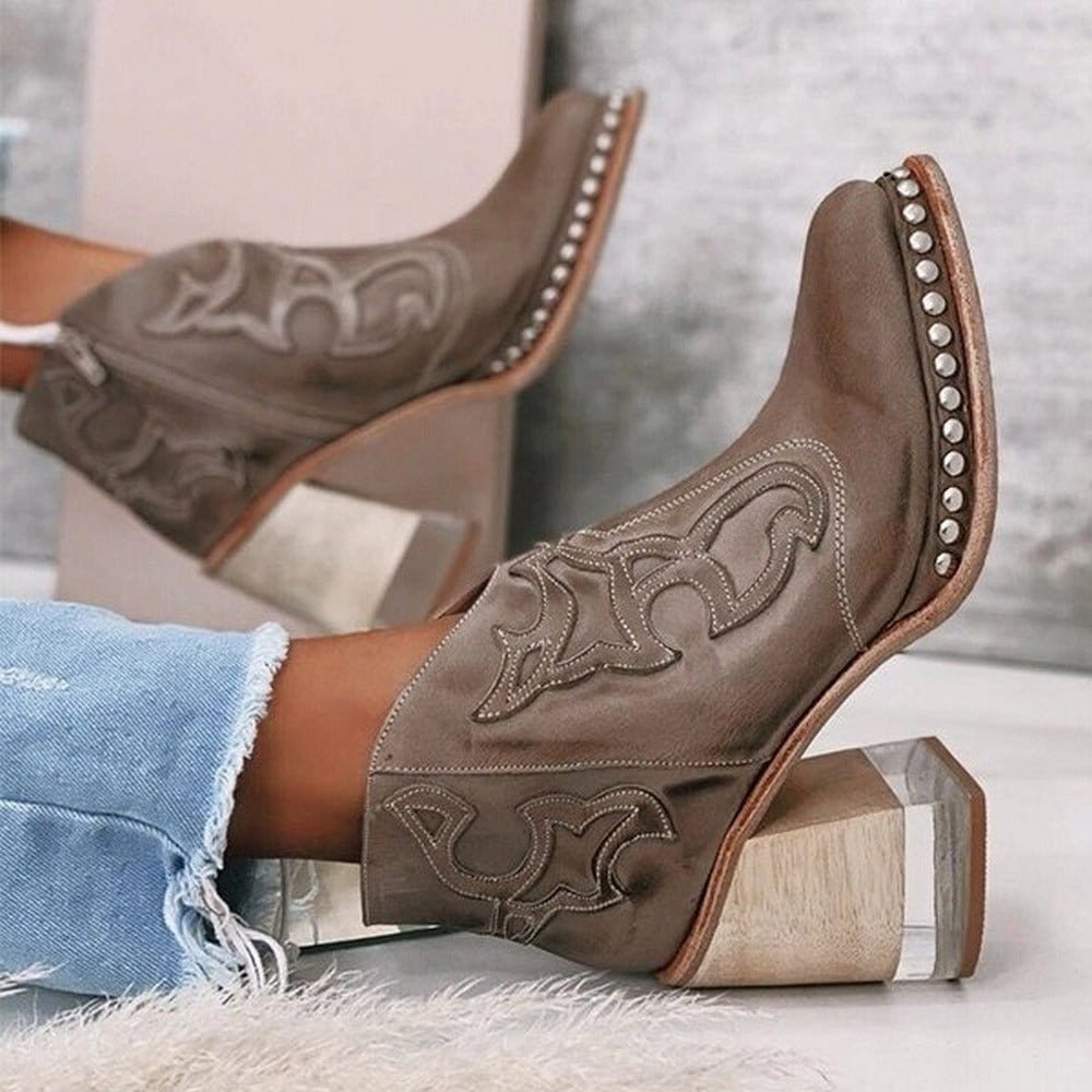 Women's Western Ankle Boot – Embroidered Studded Block Heel