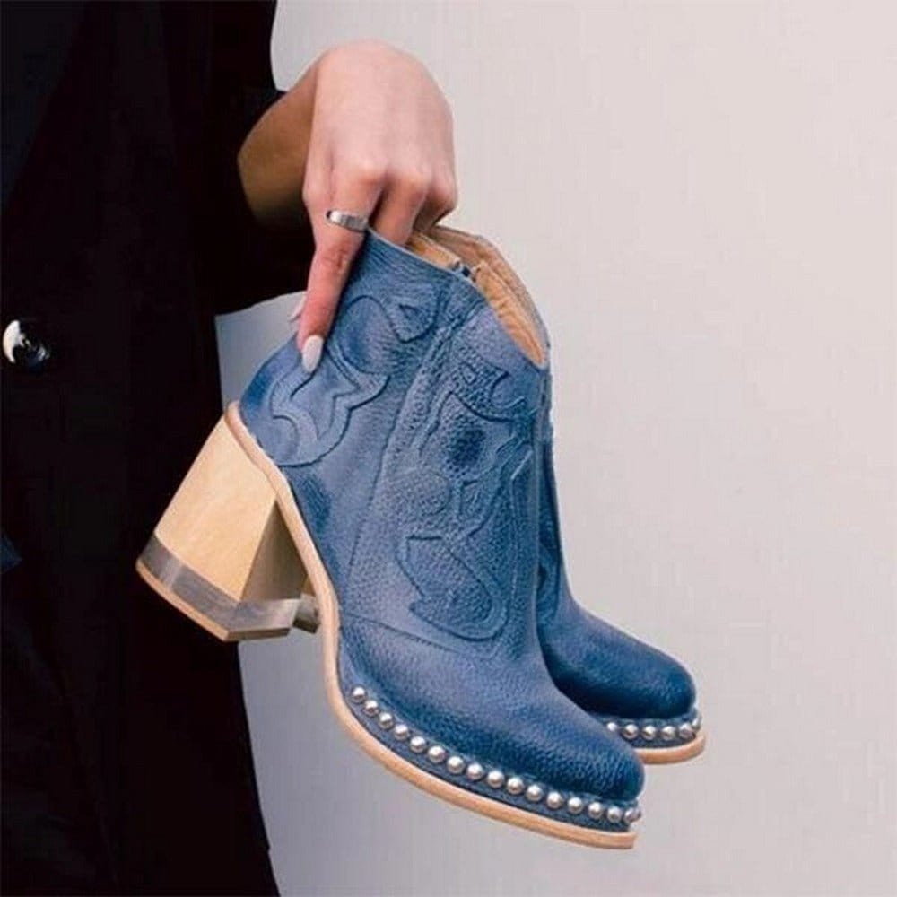 Women's Western Ankle Boot – Embroidered Studded Block Heel