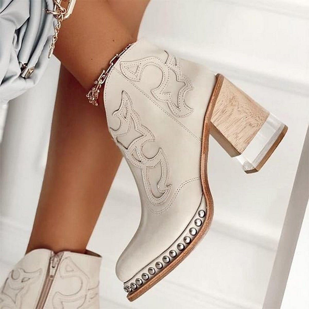 Women's Western Ankle Boot – Embroidered Studded Block Heel