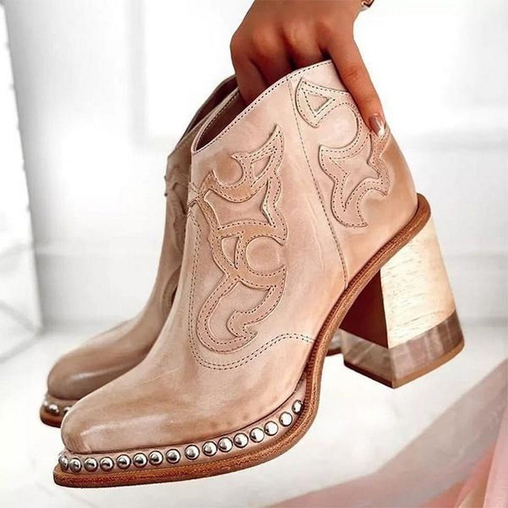 Women's Western Ankle Boot – Embroidered Studded Block Heel