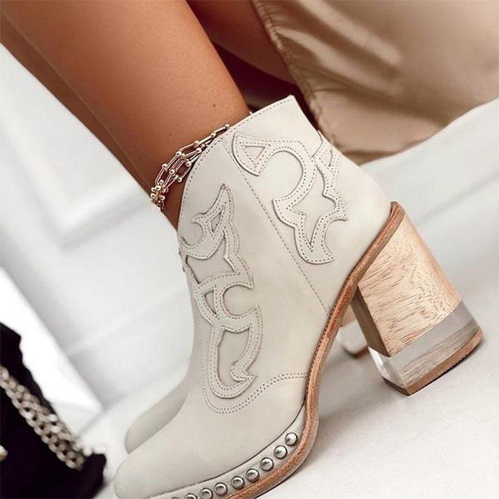 Women's Western Ankle Boot – Embroidered Studded Block Heel