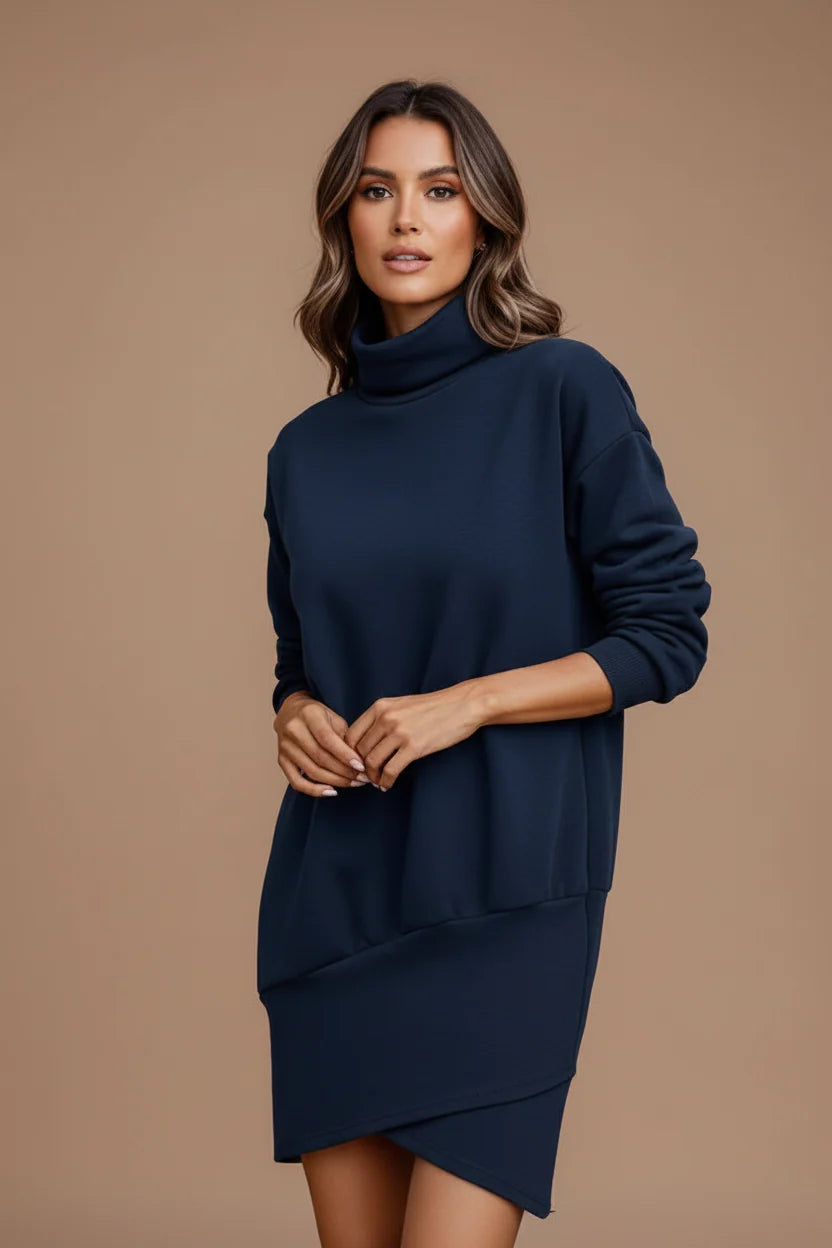 Women's High Neck Mini Dress – Asymmetric Hem