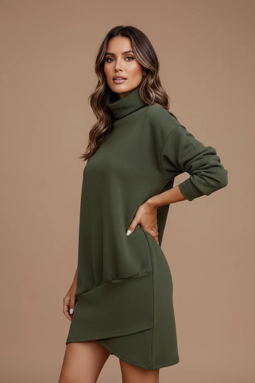 Women's High Neck Mini Dress – Asymmetric Hem