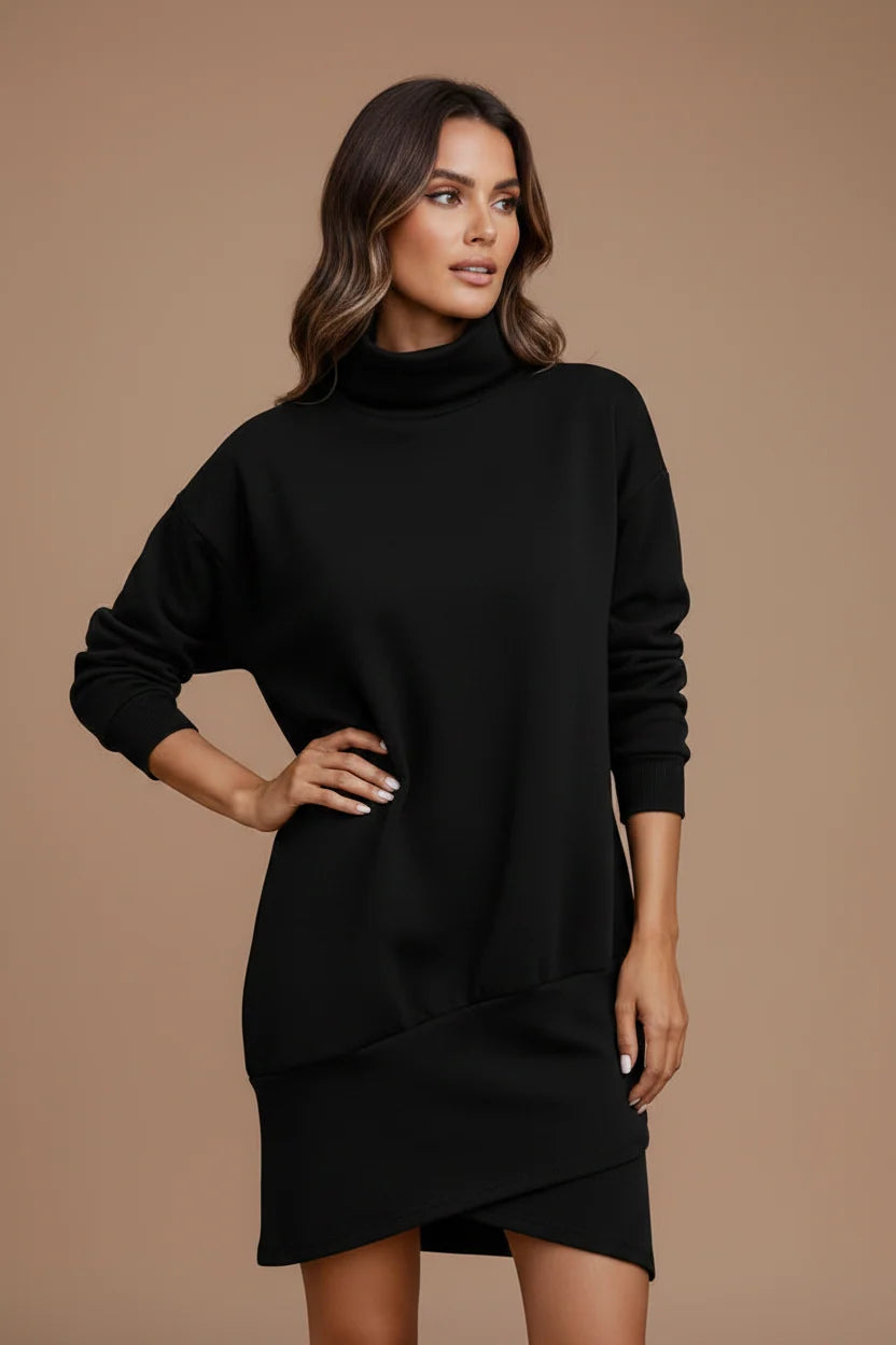Women's High Neck Mini Dress – Asymmetric Hem