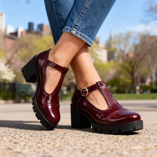 Women's T-Strap Mary Jane Heels – Brogue Block Platform