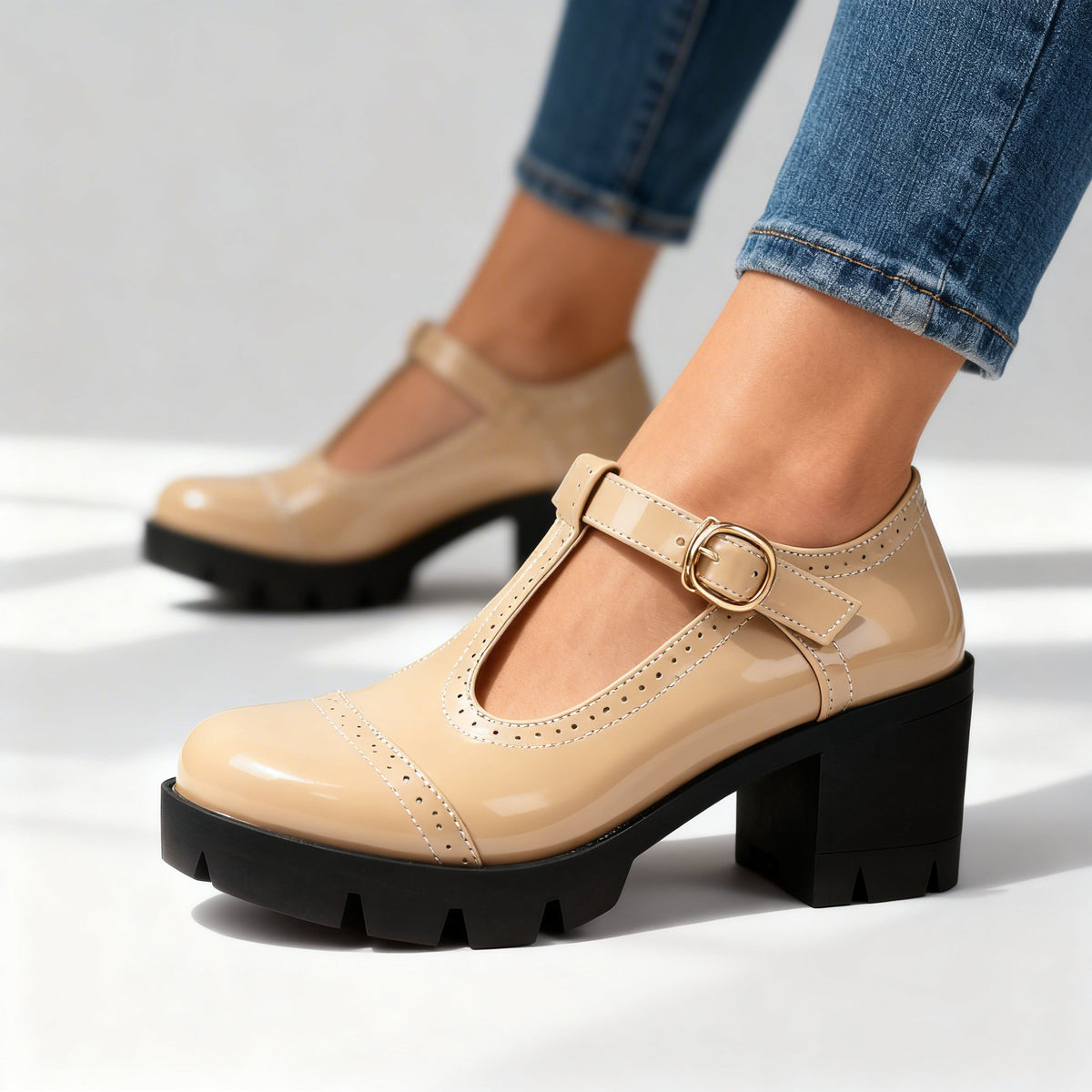 Women's T-Strap Mary Jane Heels – Brogue Block Platform